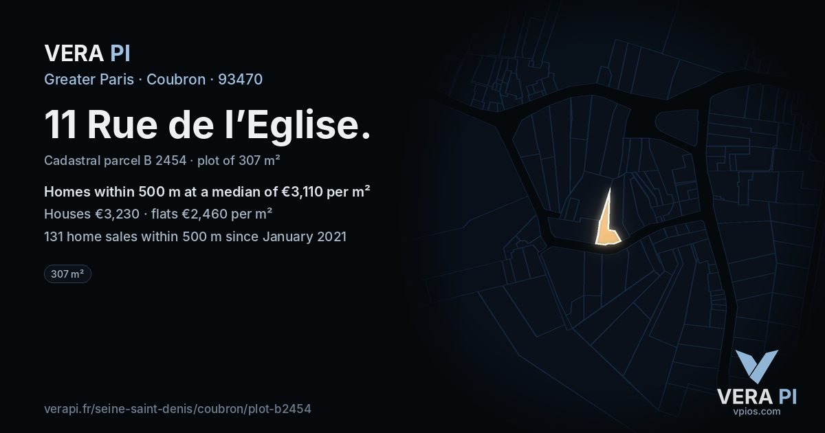 11 Rue de l’Eglise, Coubron at night – the plot lit, the parcels around coloured by the prices near them