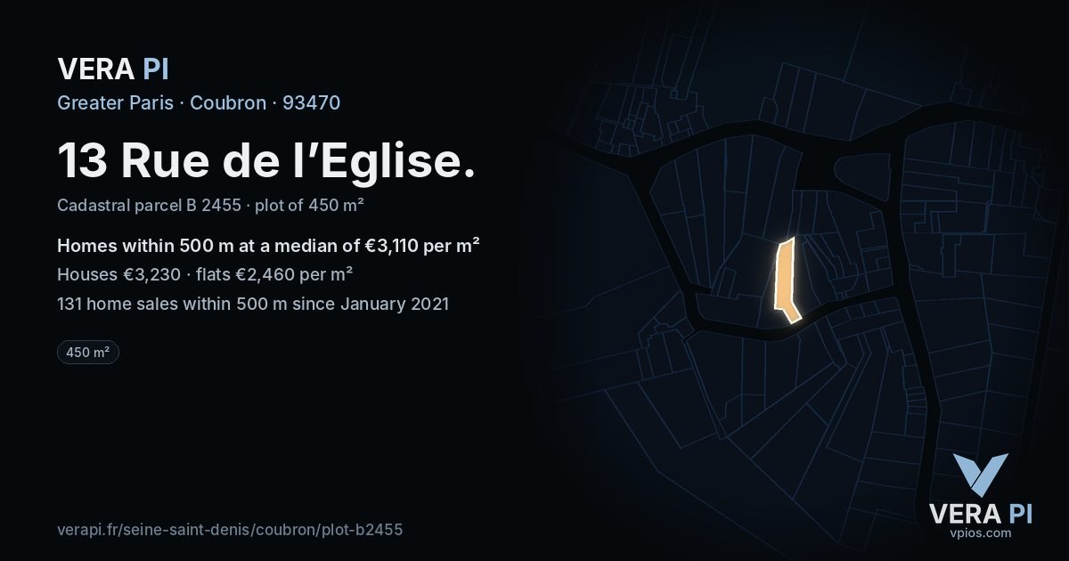 13 Rue de l’Eglise, Coubron at night – the plot lit, the parcels around coloured by the prices near them