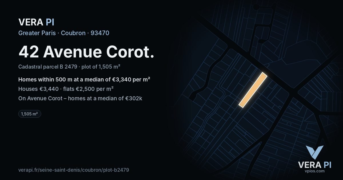 42 Avenue Corot, Coubron at night – the plot lit, the parcels around coloured by the prices near them