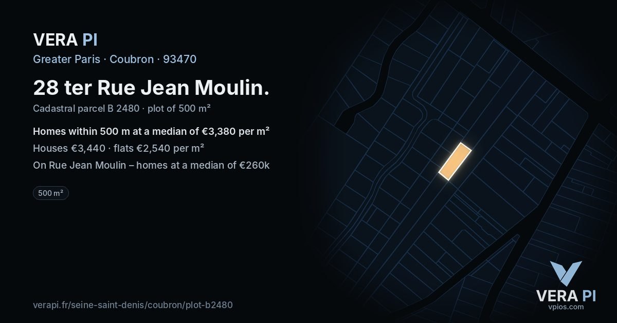 28 ter Rue Jean Moulin, Coubron at night – the plot lit, the parcels around coloured by the prices near them