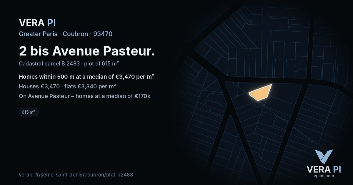 2 bis Avenue Pasteur, Coubron at night – the plot lit, the parcels around coloured by the prices near them