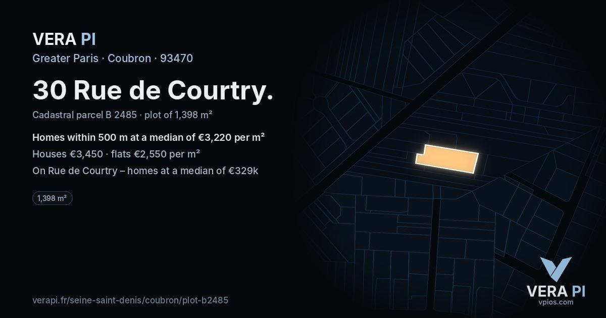 30 Rue de Courtry, Coubron at night – the plot lit, the parcels around coloured by the prices near them
