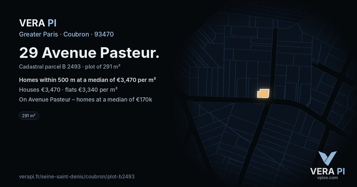 29 Avenue Pasteur, Coubron at night – the plot lit, the parcels around coloured by the prices near them