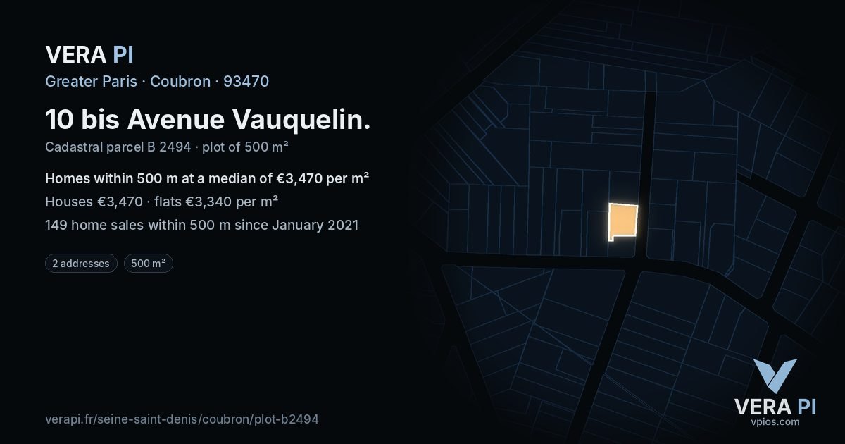 10 bis Avenue Vauquelin, Coubron at night – the plot lit, the parcels around coloured by the prices near them