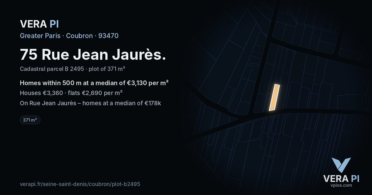 75 Rue Jean Jaurès, Coubron at night – the plot lit, the parcels around coloured by the prices near them