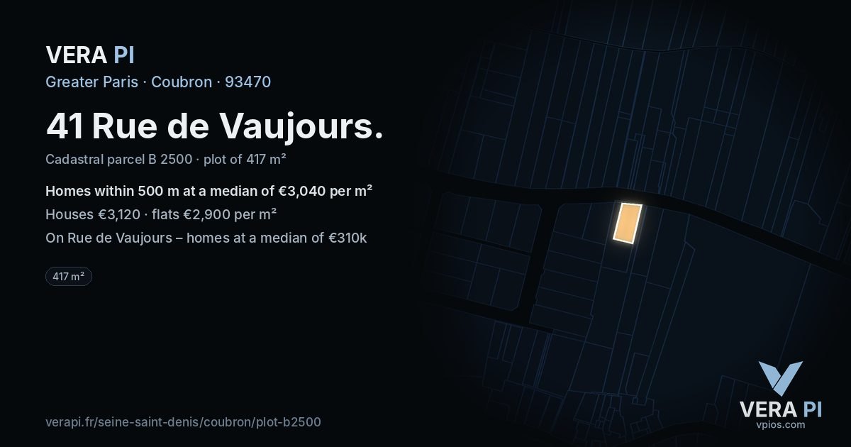 41 Rue de Vaujours, Coubron at night – the plot lit, the parcels around coloured by the prices near them