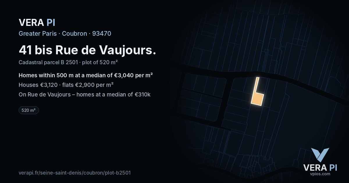 41 bis Rue de Vaujours, Coubron at night – the plot lit, the parcels around coloured by the prices near them