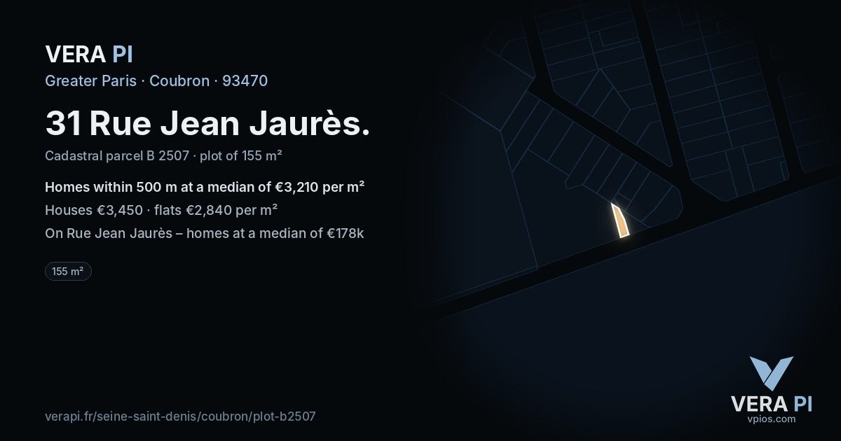 31 Rue Jean Jaurès, Coubron at night – the plot lit, the parcels around coloured by the prices near them