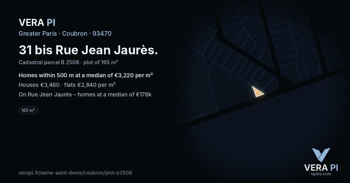 31 bis Rue Jean Jaurès, Coubron at night – the plot lit, the parcels around coloured by the prices near them