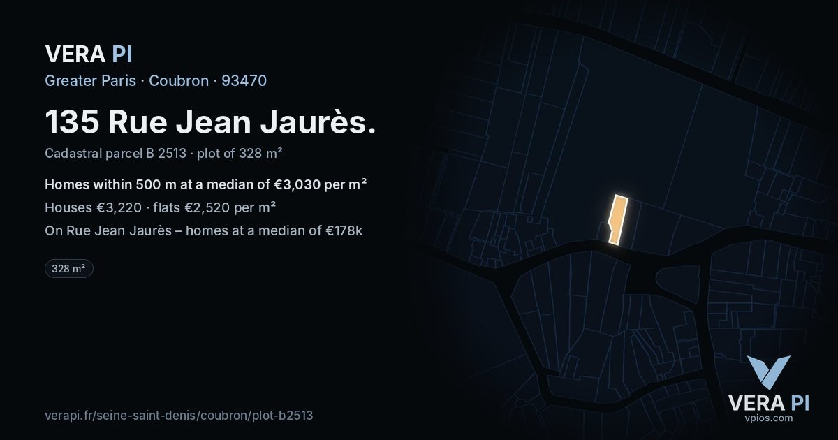 135 Rue Jean Jaurès, Coubron at night – the plot lit, the parcels around coloured by the prices near them