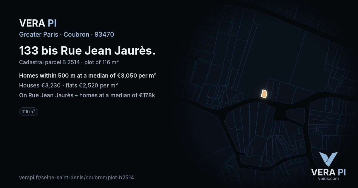 133 bis Rue Jean Jaurès, Coubron at night – the plot lit, the parcels around coloured by the prices near them