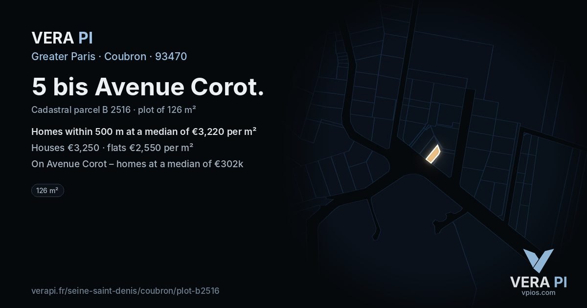 5 bis Avenue Corot, Coubron at night – the plot lit, the parcels around coloured by the prices near them