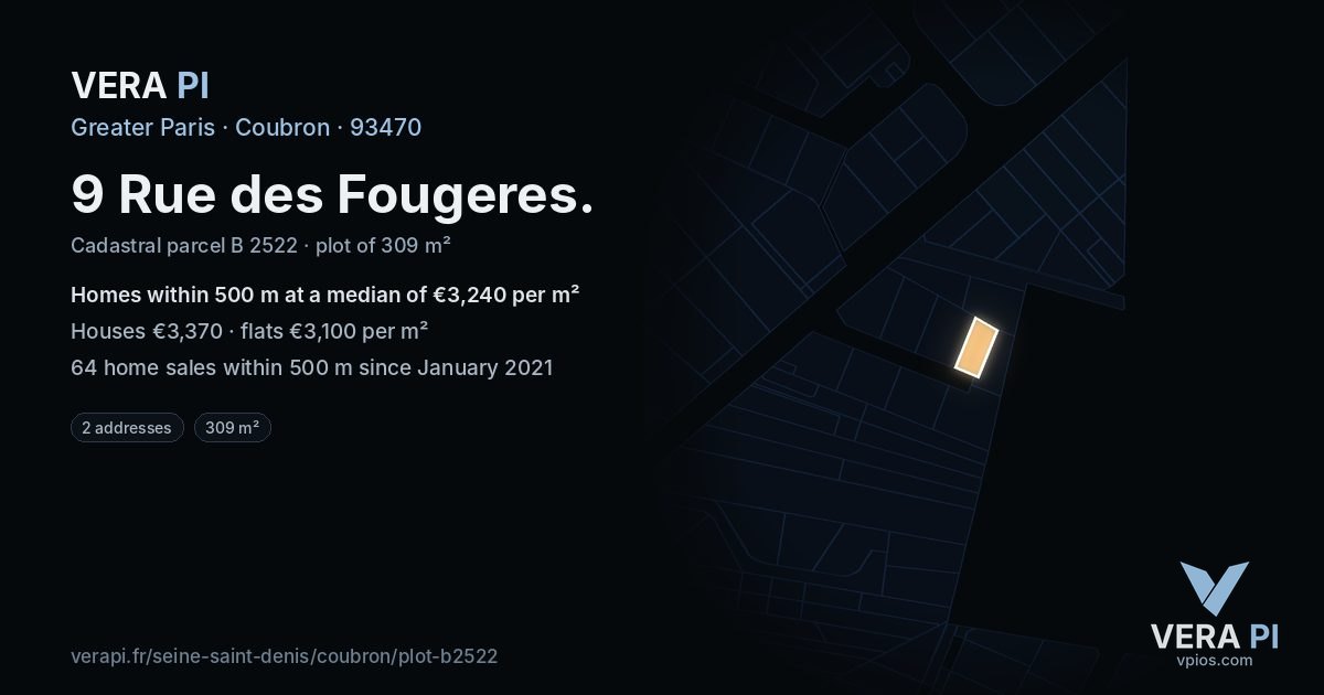 9 Rue des Fougeres, Coubron at night – the plot lit, the parcels around coloured by the prices near them