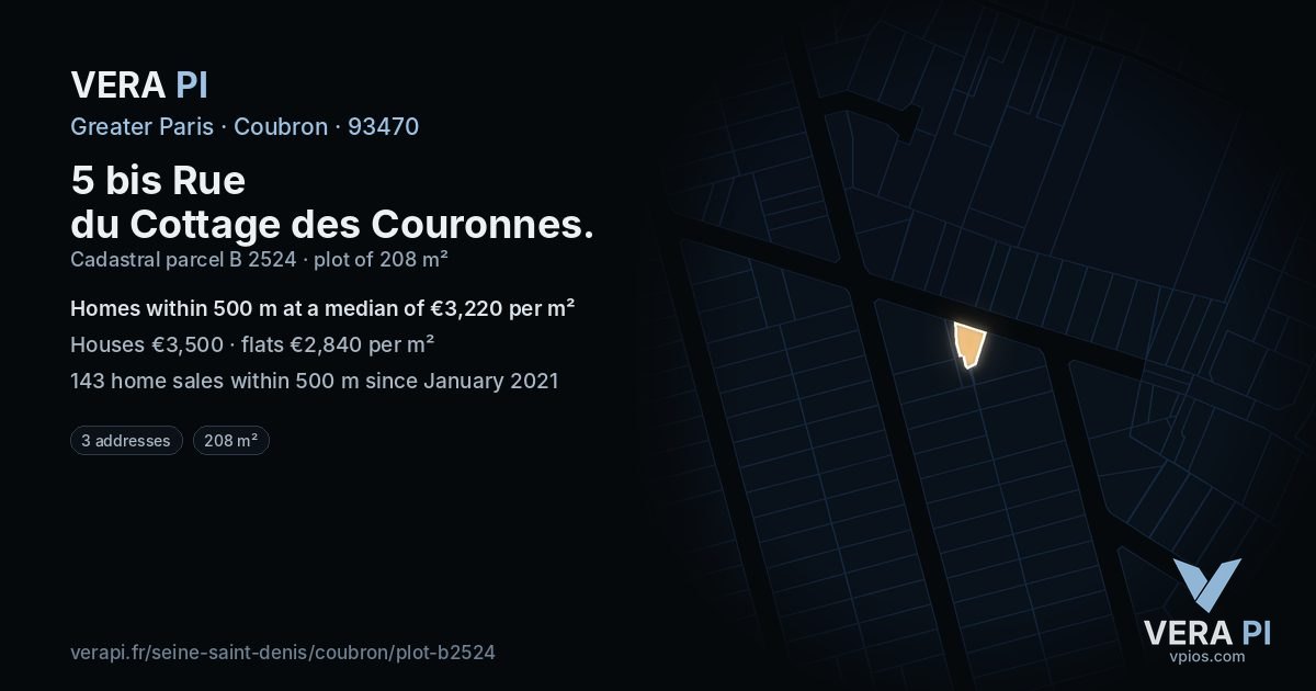 5 bis Rue du Cottage des Couronnes, Coubron at night – the plot lit, the parcels around coloured by the prices near them
