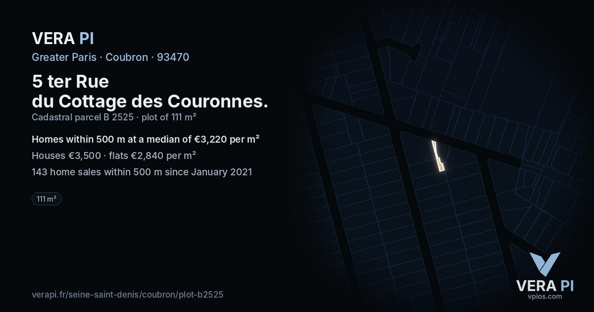5 ter Rue du Cottage des Couronnes, Coubron at night – the plot lit, the parcels around coloured by the prices near them
