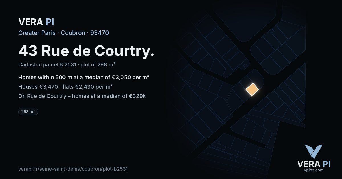 43 Rue de Courtry, Coubron at night – the plot lit, the parcels around coloured by the prices near them