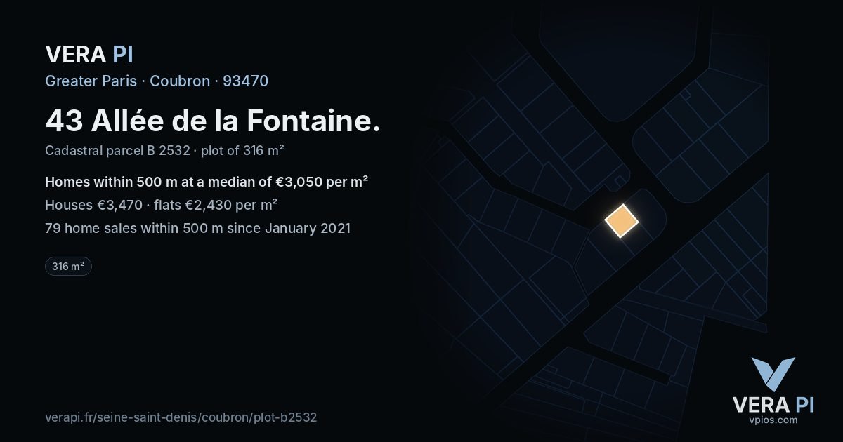 43 Allée de la Fontaine, Coubron at night – the plot lit, the parcels around coloured by the prices near them