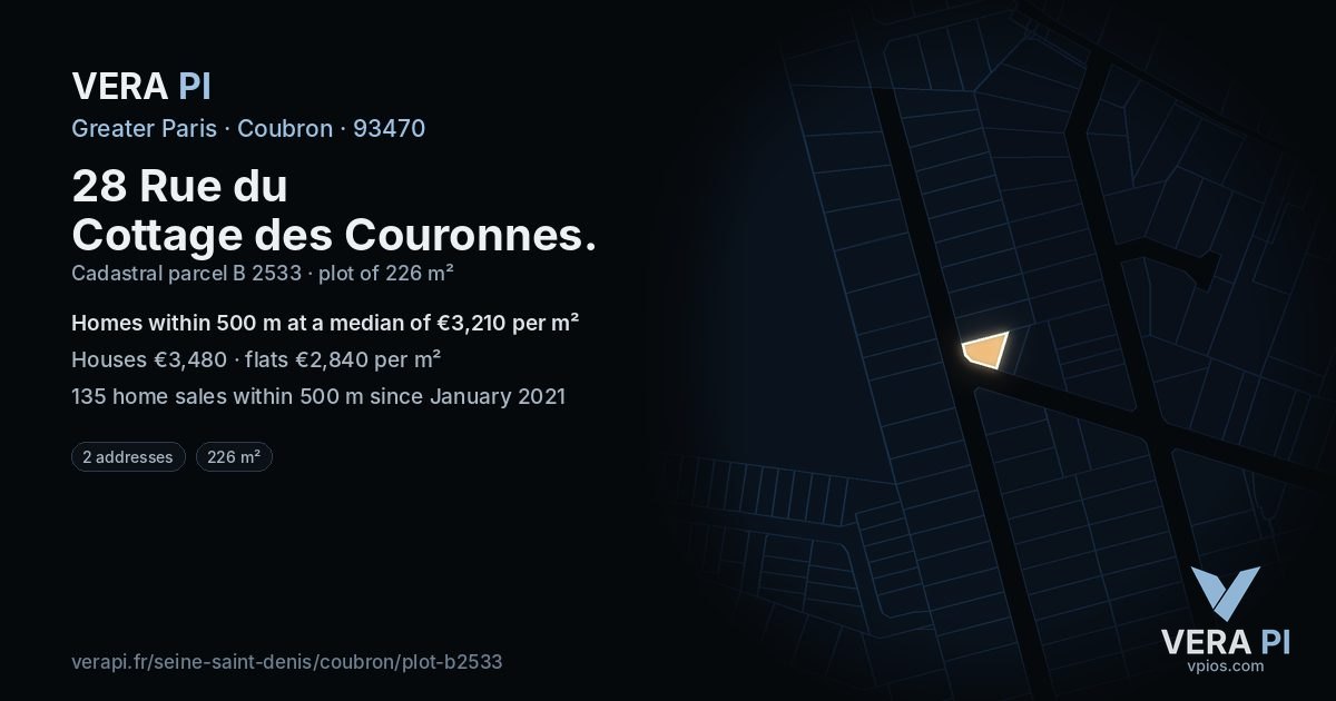 28 Rue du Cottage des Couronnes, Coubron at night – the plot lit, the parcels around coloured by the prices near them