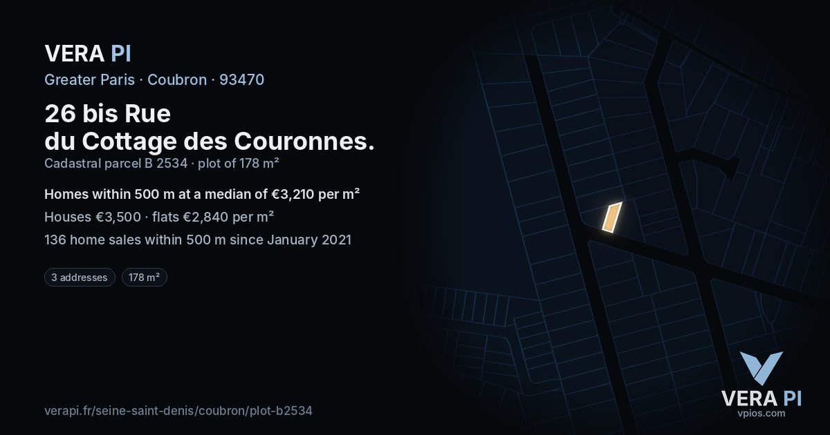 26 bis Rue du Cottage des Couronnes, Coubron at night – the plot lit, the parcels around coloured by the prices near them