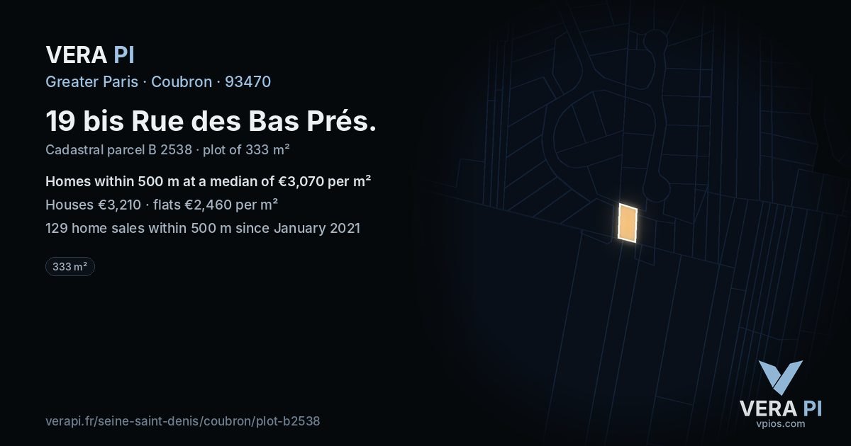 19 bis Rue des Bas Prés, Coubron at night – the plot lit, the parcels around coloured by the prices near them