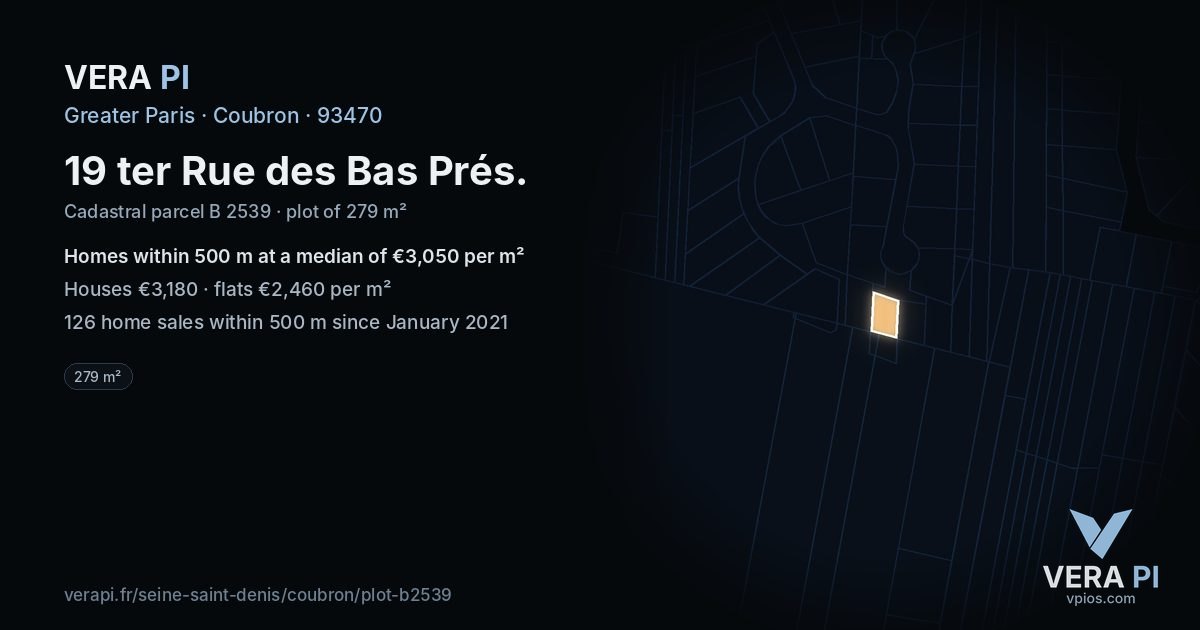 19 ter Rue des Bas Prés, Coubron at night – the plot lit, the parcels around coloured by the prices near them