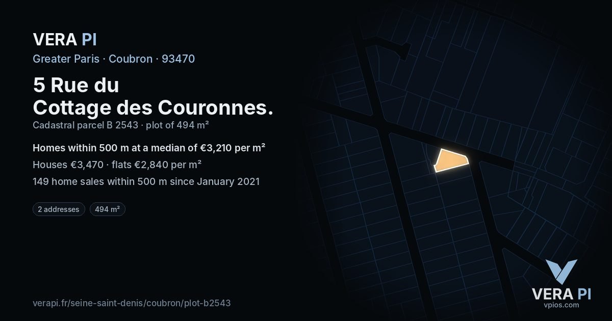 5 Rue du Cottage des Couronnes, Coubron at night – the plot lit, the parcels around coloured by the prices near them