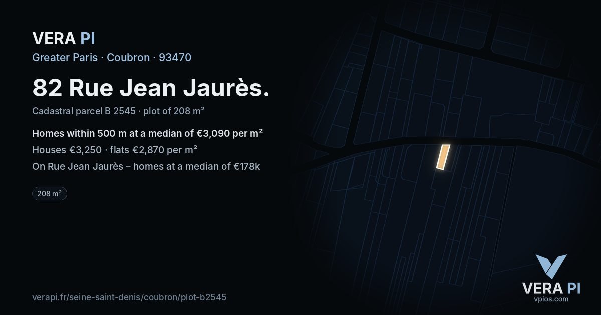 82 Rue Jean Jaurès, Coubron at night – the plot lit, the parcels around coloured by the prices near them