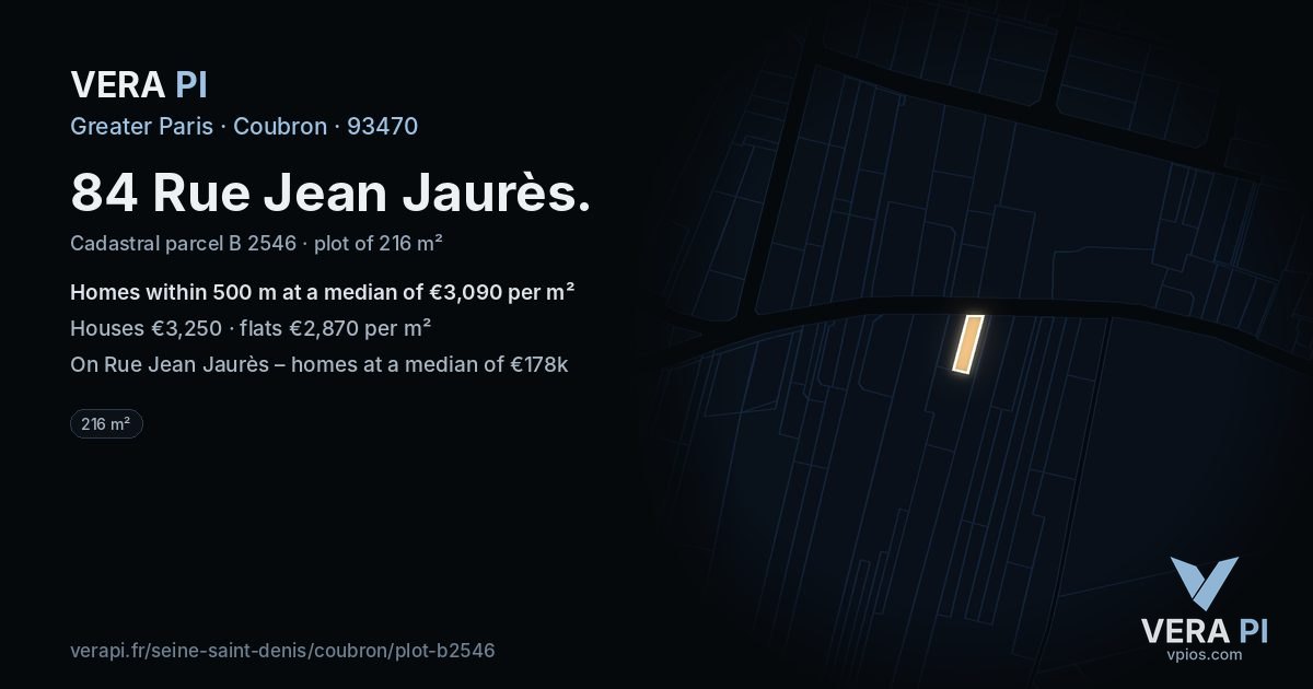 84 Rue Jean Jaurès, Coubron at night – the plot lit, the parcels around coloured by the prices near them