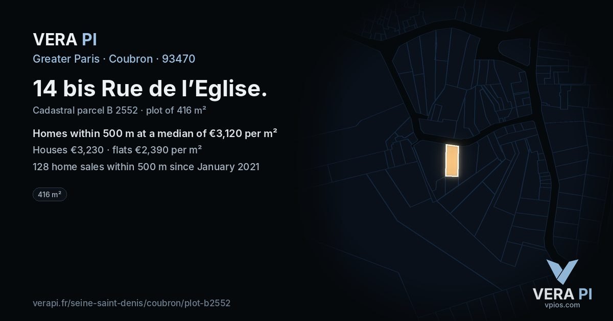 14 bis Rue de l’Eglise, Coubron at night – the plot lit, the parcels around coloured by the prices near them