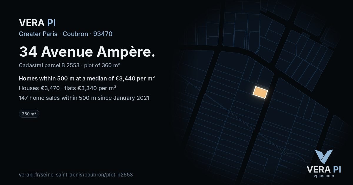 34 Avenue Ampère, Coubron at night – the plot lit, the parcels around coloured by the prices near them