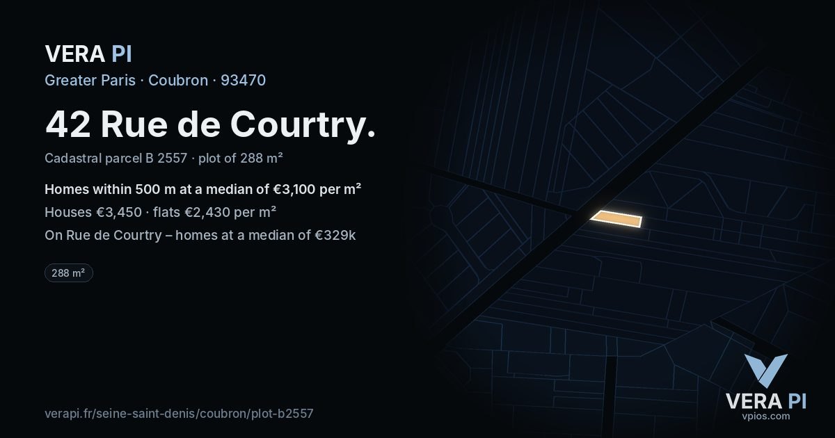 42 Rue de Courtry, Coubron at night – the plot lit, the parcels around coloured by the prices near them
