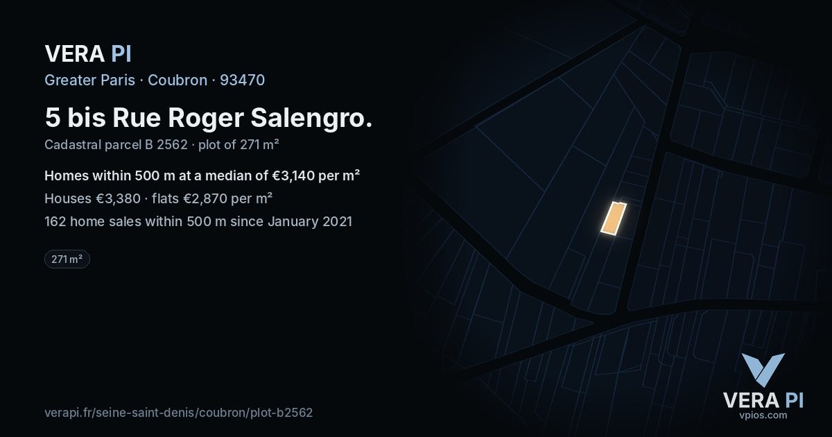 5 bis Rue Roger Salengro, Coubron at night – the plot lit, the parcels around coloured by the prices near them