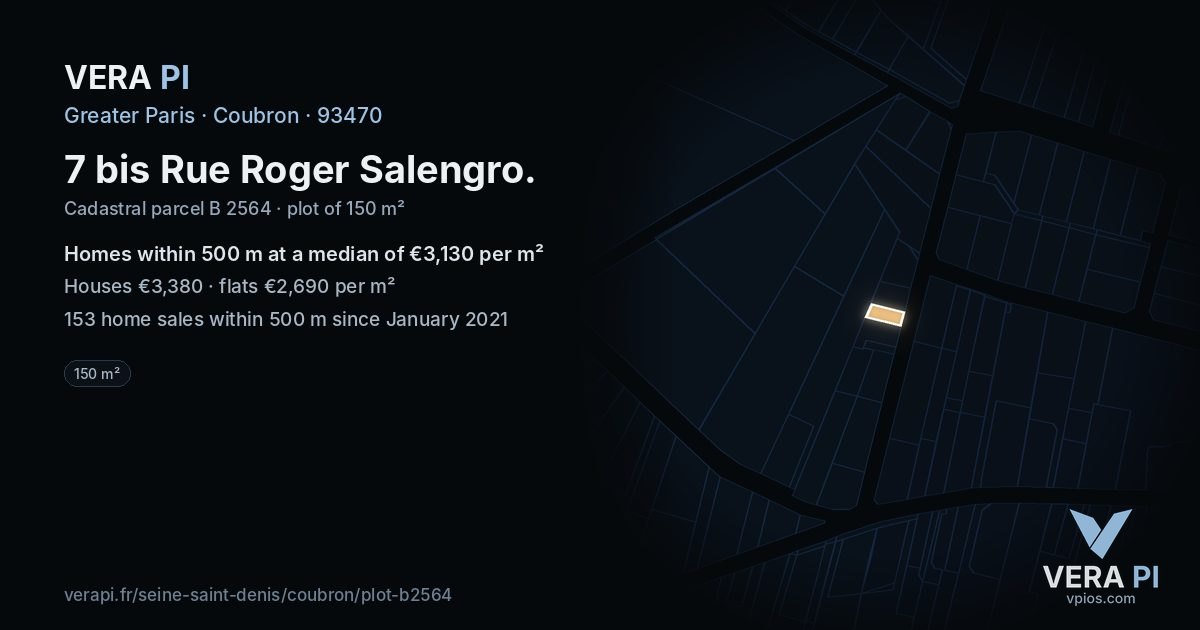 7 bis Rue Roger Salengro, Coubron at night – the plot lit, the parcels around coloured by the prices near them