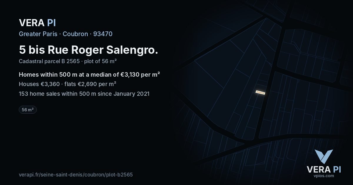 5 bis Rue Roger Salengro, Coubron at night – the plot lit, the parcels around coloured by the prices near them