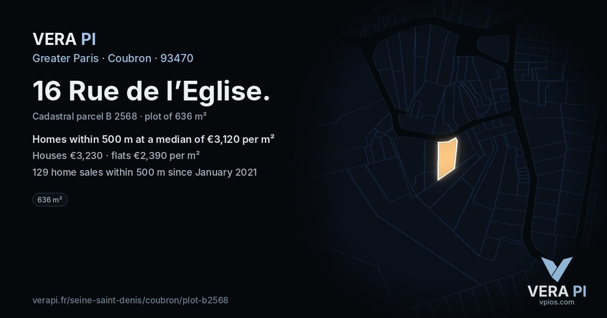 16 Rue de l’Eglise, Coubron at night – the plot lit, the parcels around coloured by the prices near them