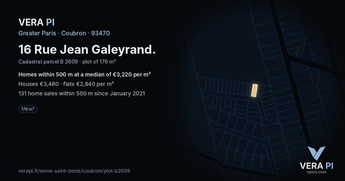 16 Rue Jean Galeyrand, Coubron at night – the plot lit, the parcels around coloured by the prices near them