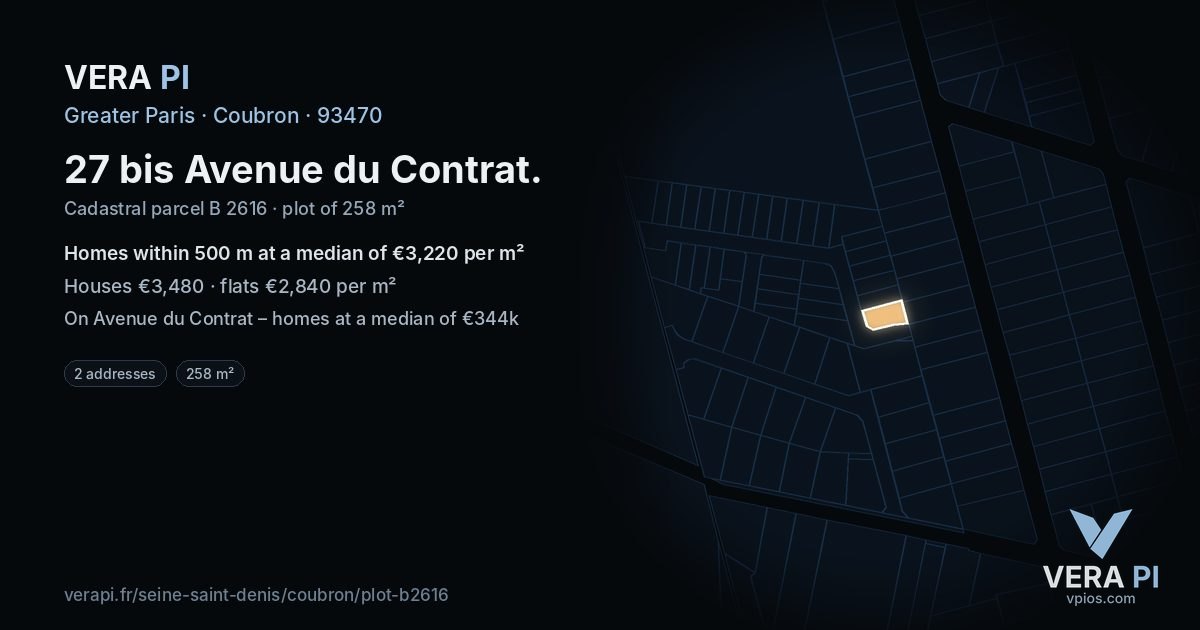 27 bis Avenue du Contrat, Coubron at night – the plot lit, the parcels around coloured by the prices near them