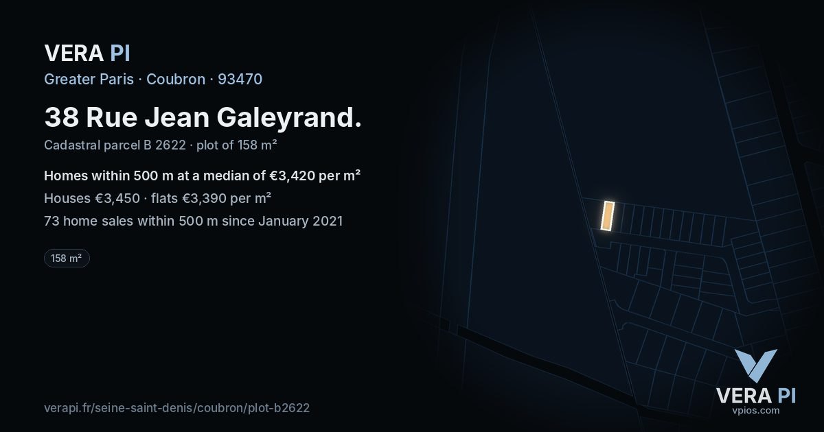 38 Rue Jean Galeyrand, Coubron at night – the plot lit, the parcels around coloured by the prices near them