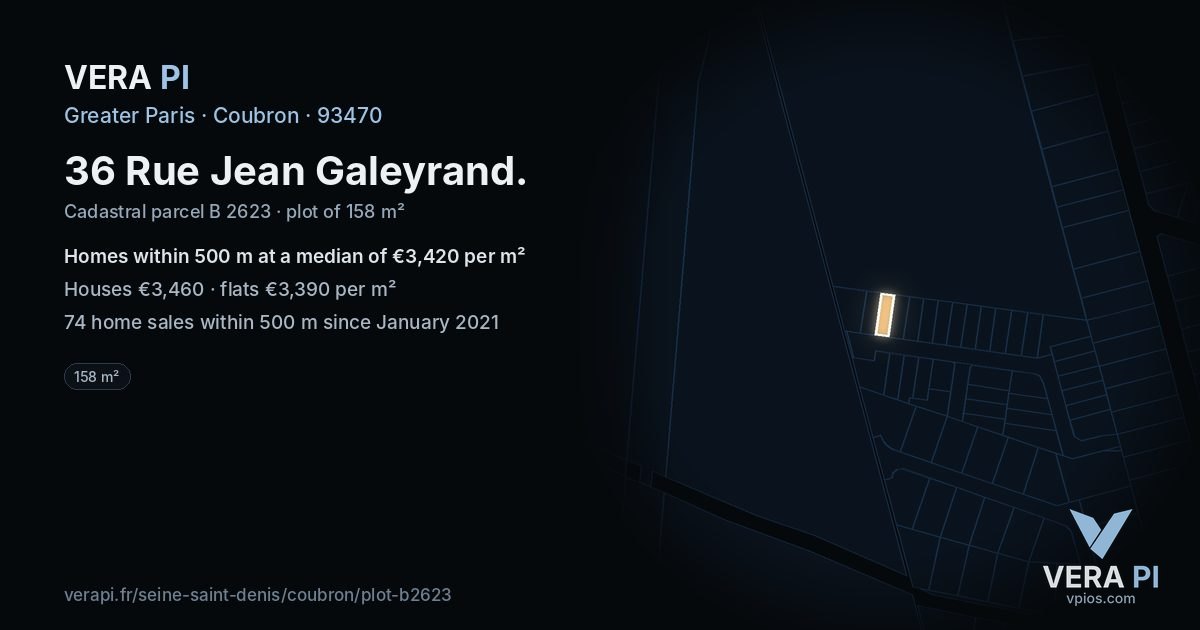 36 Rue Jean Galeyrand, Coubron at night – the plot lit, the parcels around coloured by the prices near them