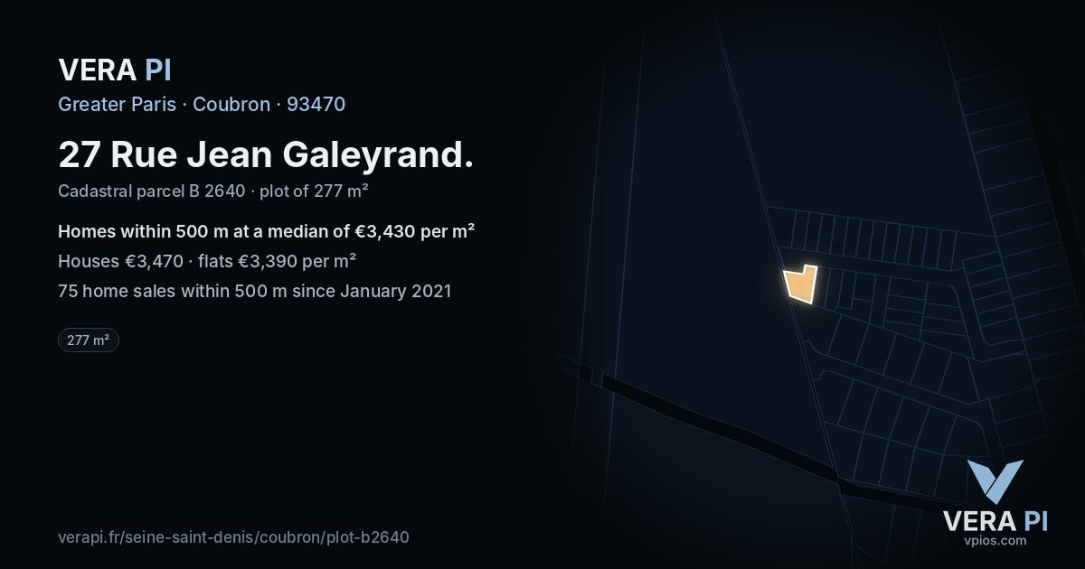 27 Rue Jean Galeyrand, Coubron at night – the plot lit, the parcels around coloured by the prices near them