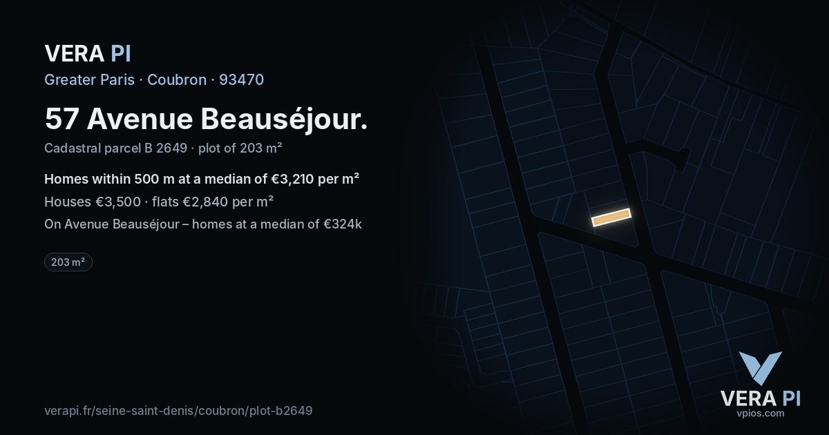 57 Avenue Beauséjour, Coubron at night – the plot lit, the parcels around coloured by the prices near them