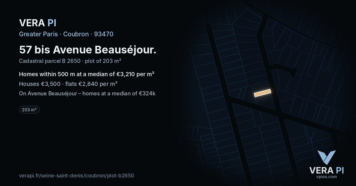 57 bis Avenue Beauséjour, Coubron at night – the plot lit, the parcels around coloured by the prices near them