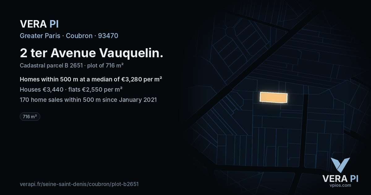 2 ter Avenue Vauquelin, Coubron at night – the plot lit, the parcels around coloured by the prices near them