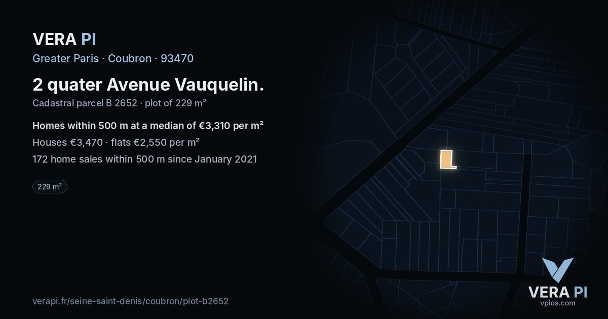 2 quater Avenue Vauquelin, Coubron at night – the plot lit, the parcels around coloured by the prices near them