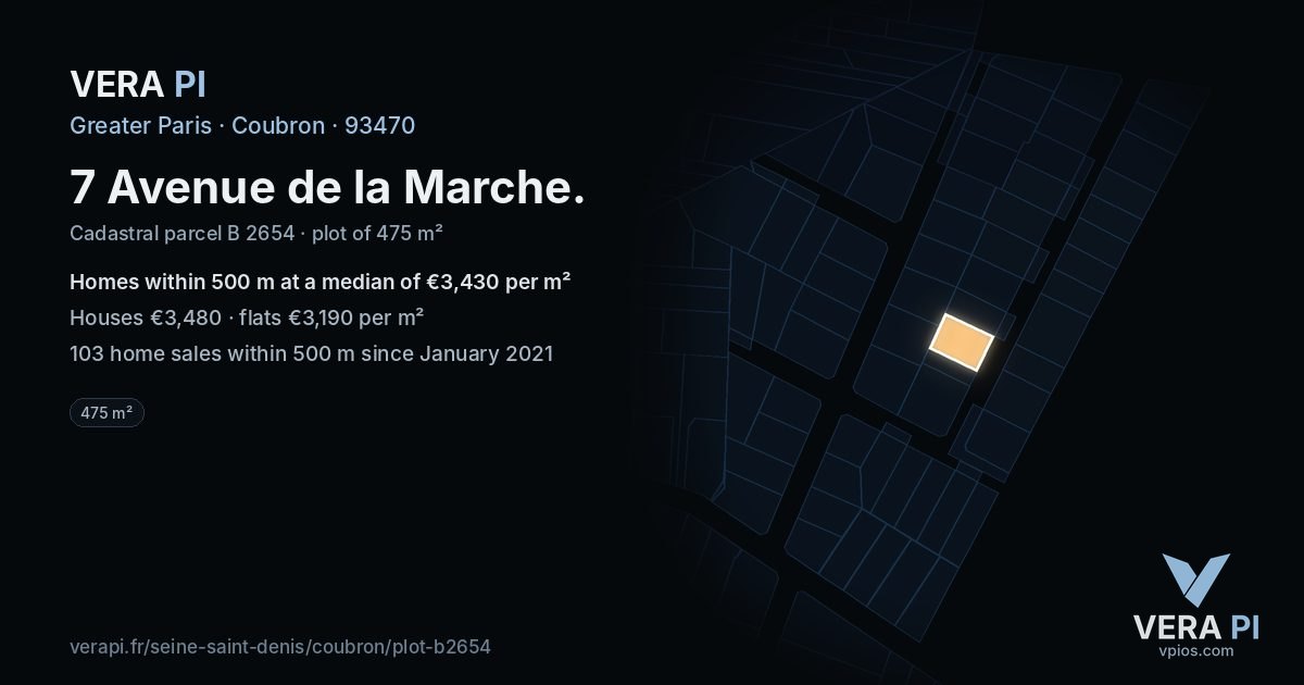 7 Avenue de la Marche, Coubron at night – the plot lit, the parcels around coloured by the prices near them
