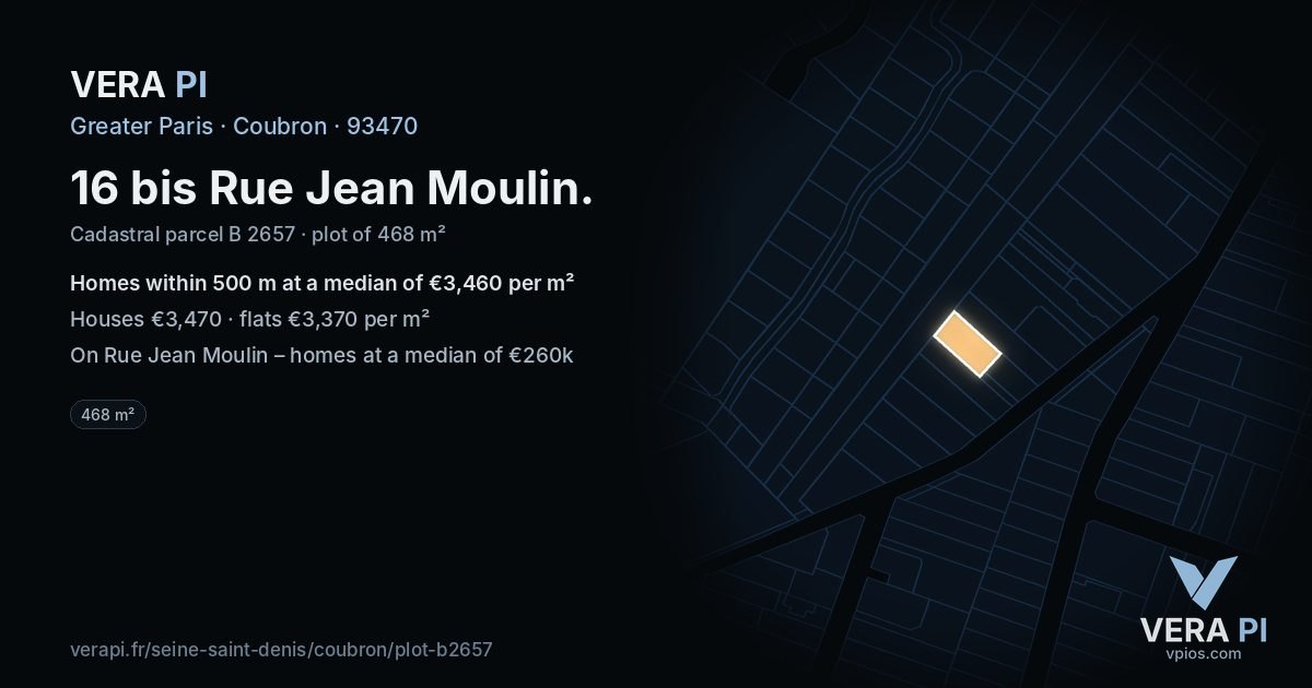 16 bis Rue Jean Moulin, Coubron at night – the plot lit, the parcels around coloured by the prices near them