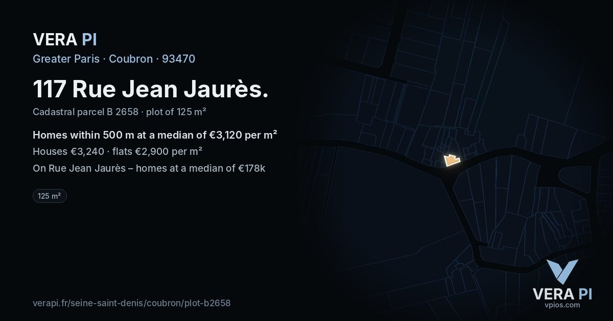 117 Rue Jean Jaurès, Coubron at night – the plot lit, the parcels around coloured by the prices near them
