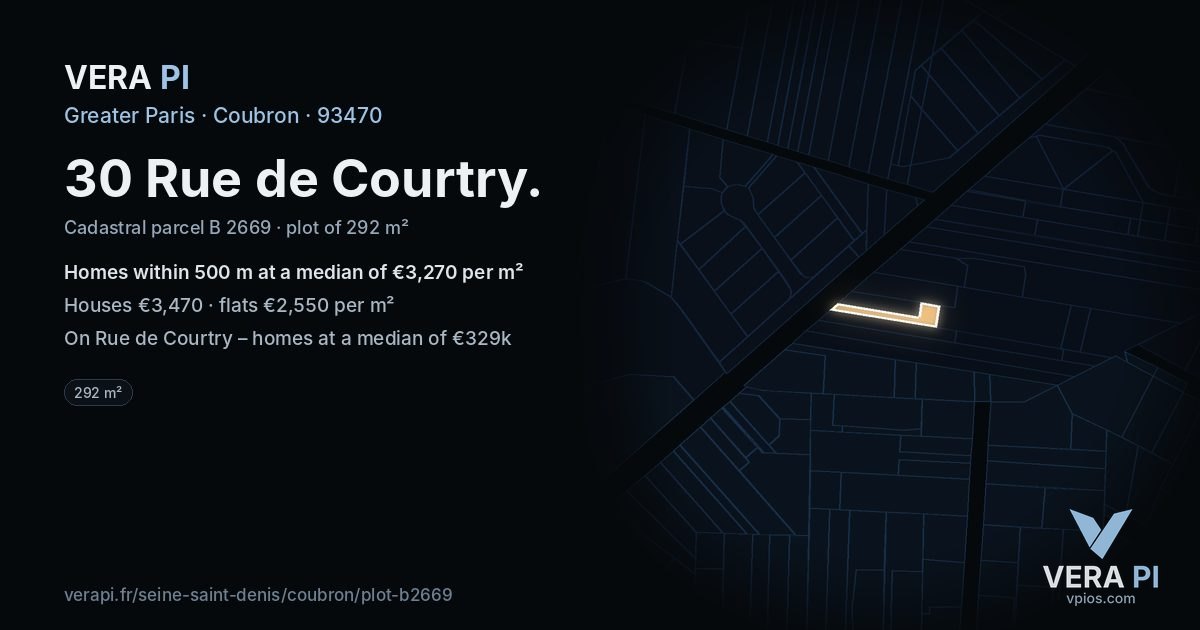 30 Rue de Courtry, Coubron at night – the plot lit, the parcels around coloured by the prices near them