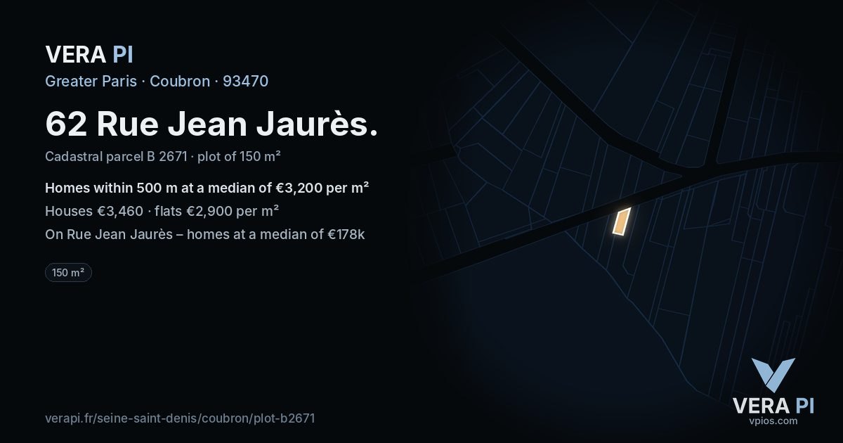 62 Rue Jean Jaurès, Coubron at night – the plot lit, the parcels around coloured by the prices near them