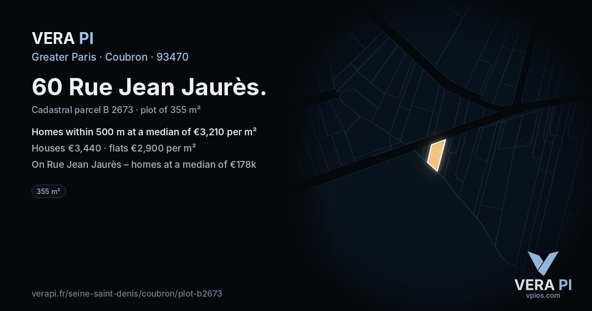 60 Rue Jean Jaurès, Coubron at night – the plot lit, the parcels around coloured by the prices near them